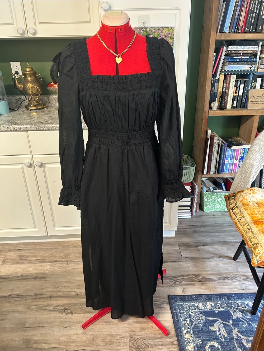Black Long Sleeve Smocked Waist Maxi Dress